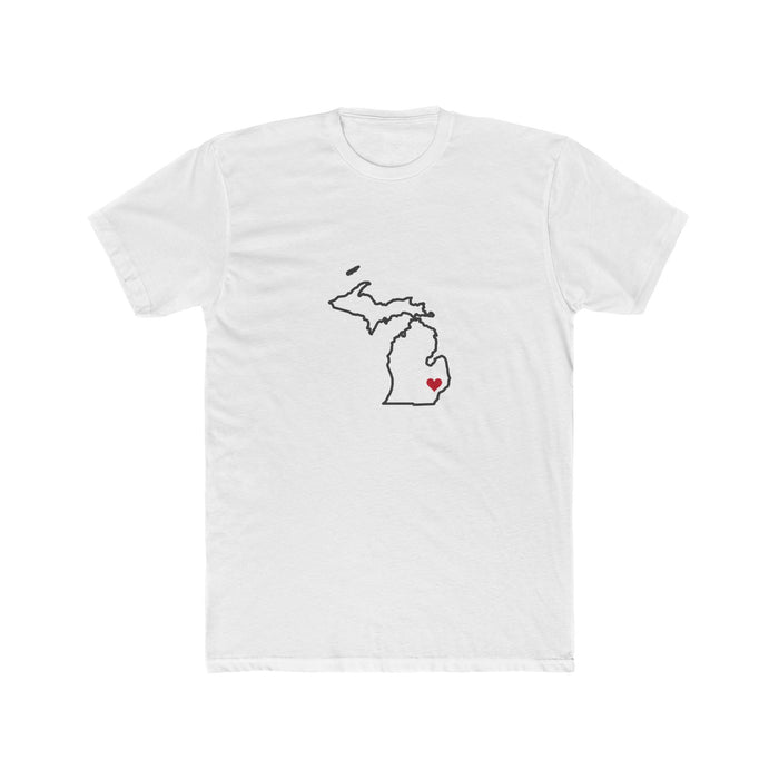 Michigan Detroit Mission Heart Map shirt in White: Michigan outline with a red heart, front view