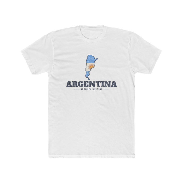 Argentina Neuquen Mission Flag Map shirt in White: flag of Argentina in the outline of Argentina with navy lettering, front view