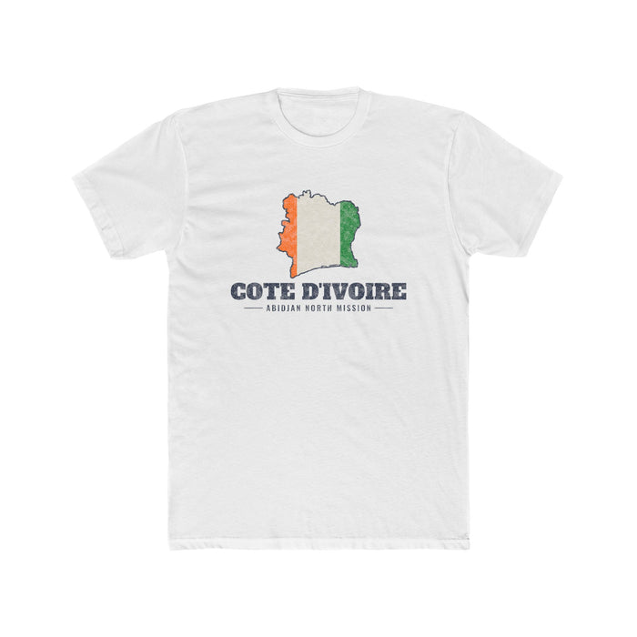 Cote d'Ivoire Abidjan North Mission Flag Map shirt in White: flag of Cote d'Ivoire in the outline of Cote d'Ivoire with navy lettering, front view