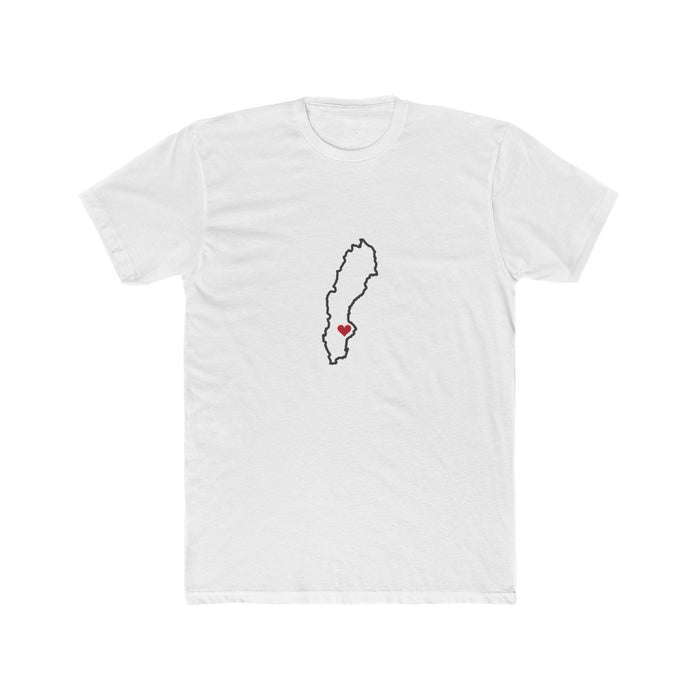 Sweden Stockholm Mission Heart Map shirt in White: Sweden outline with a red heart, front view