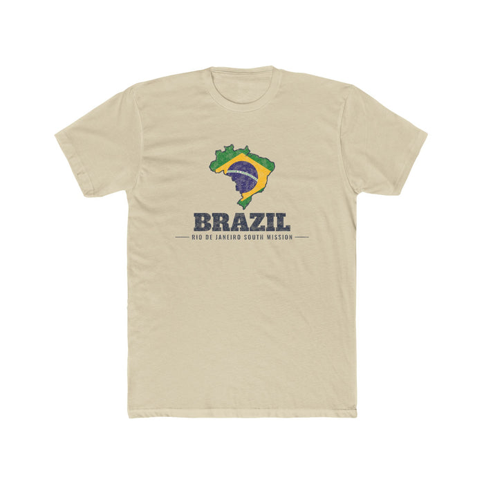 Brazil Rio de Janeiro South Mission Flag Map shirt in Cream: flag of Brazil in the outline of Brazil with navy lettering, front view