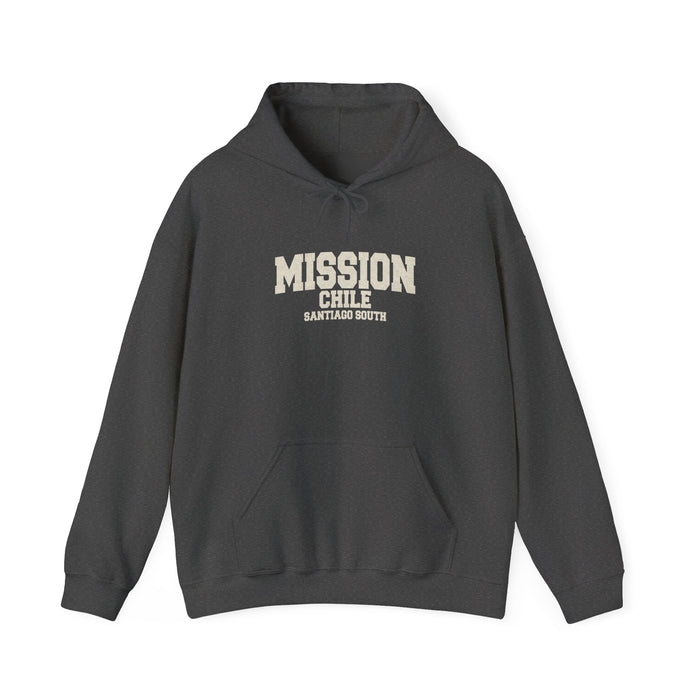 Chile Santiago South Mission Hoodie in Dark Heather, front view with the varsity mission design