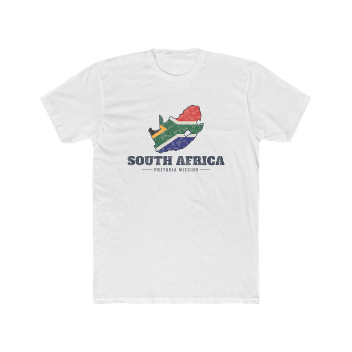 South Africa Pretoria Mission Flag Map shirt in White: flag of South Africa in the outline of South Africa with navy lettering, front view