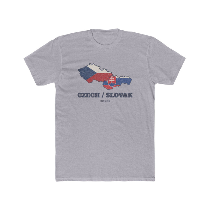 Czech/Slovak Mission Flag Map shirt in Heather Grey: flags of the Czech Republic and Slovakia in their country outlines with navy lettering, front view