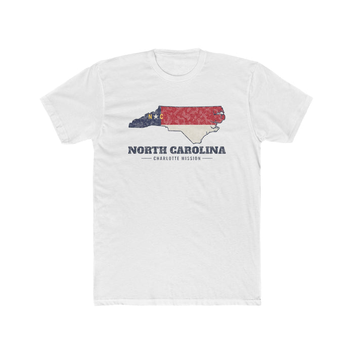North Carolina Charlotte Mission Flag Map shirt in White: North Carolina state flag in the outline of North Carolina with navy lettering, front view