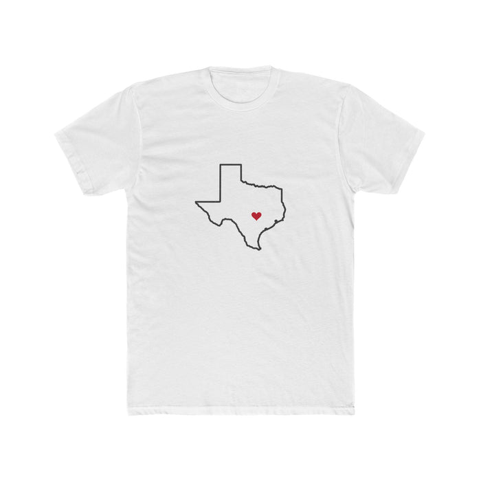 Texas Austin Mission Heart Map shirt in White: Texas outline with a red heart, front view