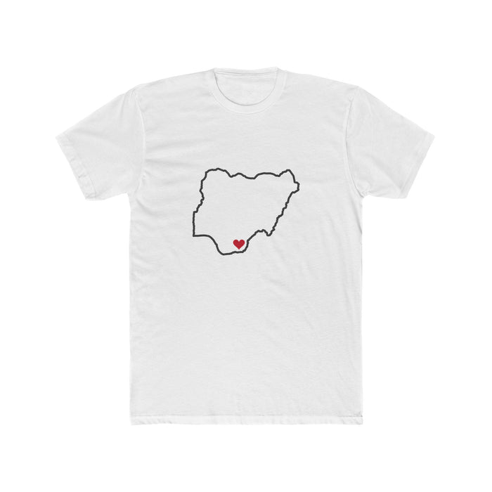 Nigeria Uyo Mission Heart Map shirt in White: Nigeria outline with a red heart, front view