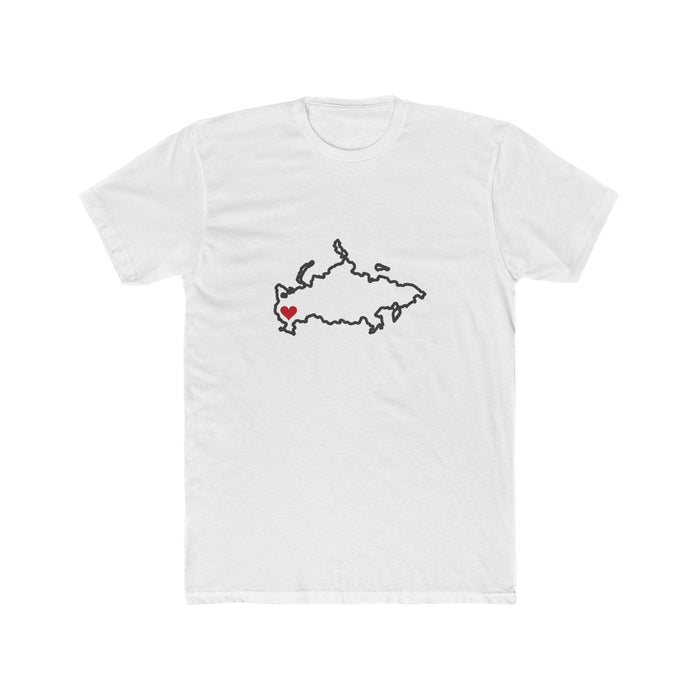 Russia Moscow Mission Heart Map shirt in White: Russia outline with a red heart, front view