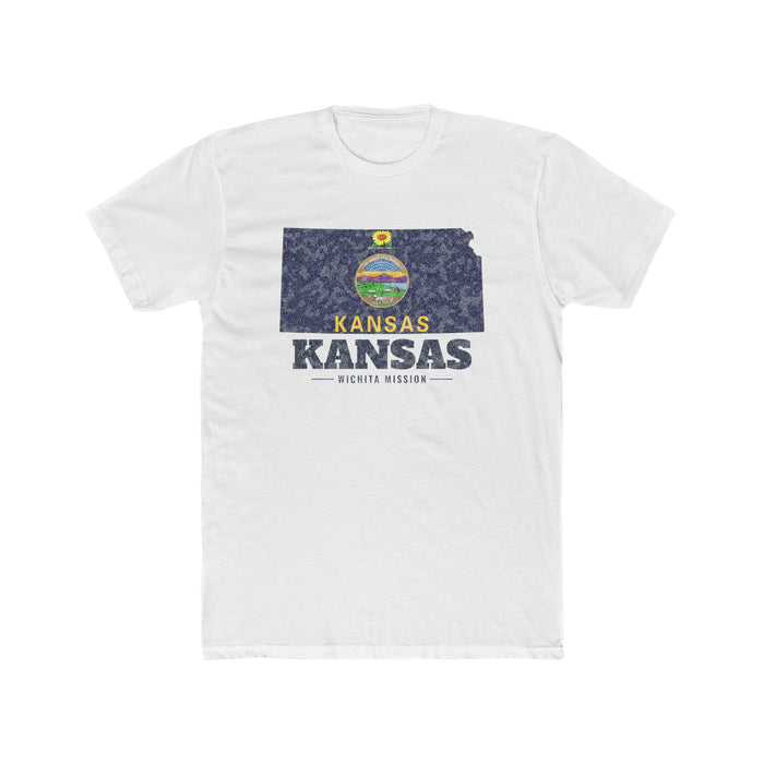 Kansas Wichita Mission Flag Map shirt in White: Kansas state flag in the outline of Kansas with navy lettering, front view