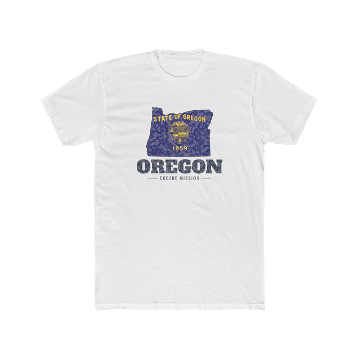 Oregon Eugene Mission Flag Map shirt in White: Oregon state flag in the outline of Oregon with navy lettering, front view