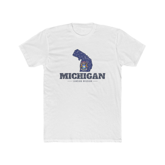 Michigan Lansing Mission Flag Map shirt in White: Michigan state flag in the outline of Michigan with navy lettering, front view
