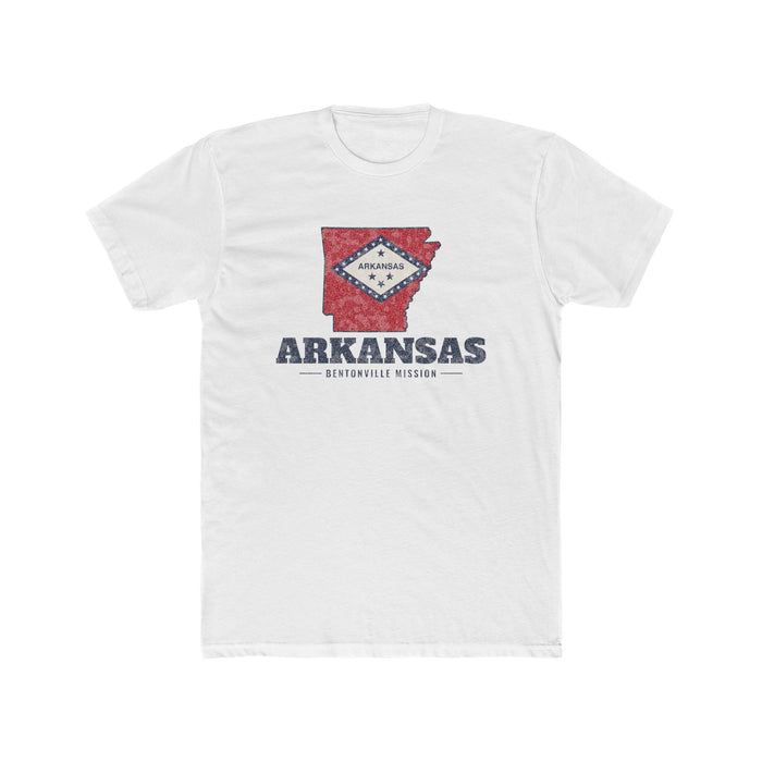 Arkansas Bentonville Mission Flag Map shirt in White: Arkansas state flag in the outline of Arkansas with navy lettering, front view