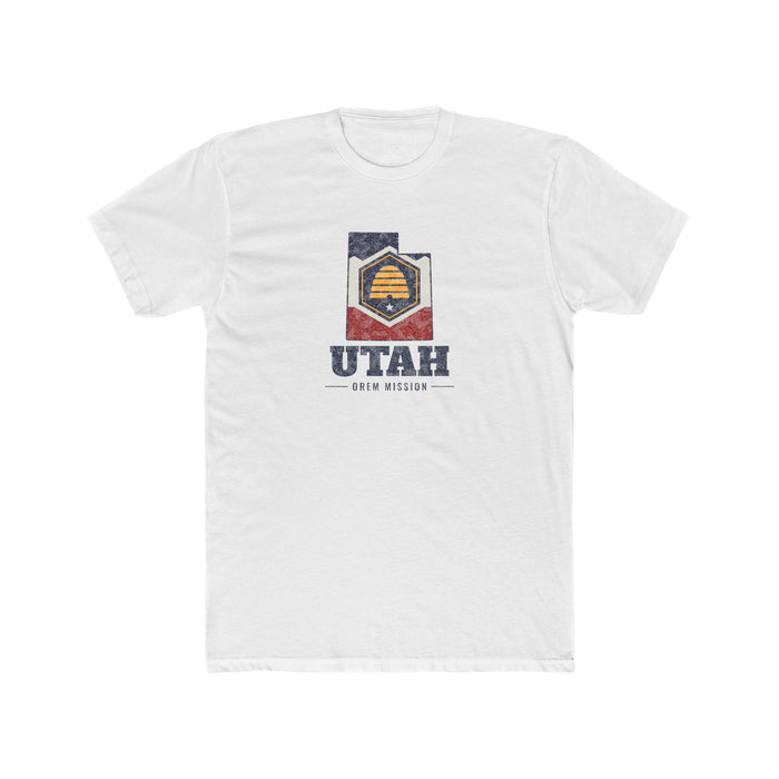 Utah Orem Mission Flag Map shirt in White: Utah state flag in the outline of Utah with navy lettering, front view