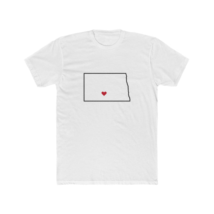 North Dakota Bismarck Mission Heart Map shirt in White: North Dakota outline with a red heart, front view