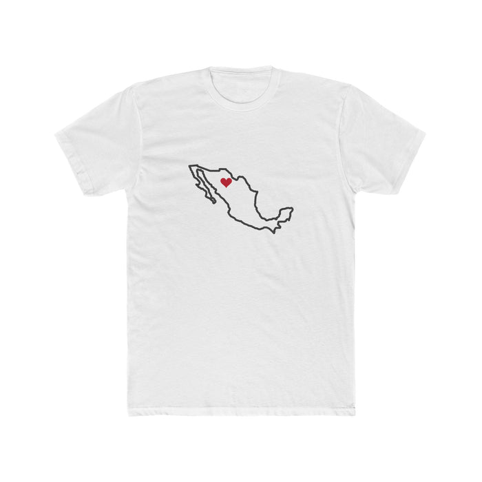 Mexico Chihuahua Mission Heart Map shirt in White: Mexico outline with a red heart, front view