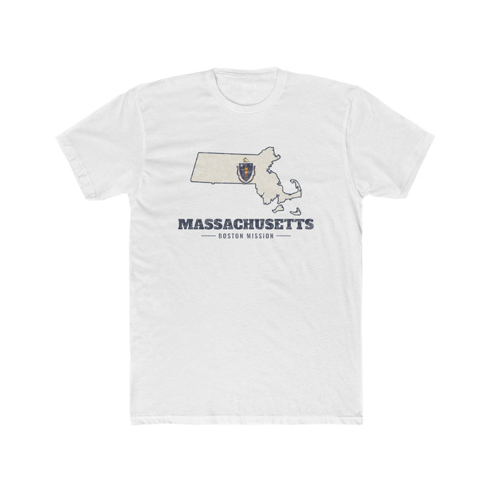 Massachusetts Boston Mission Flag Map shirt in White: Massachusetts state flag in the outline of Massachusetts with navy lettering, front view