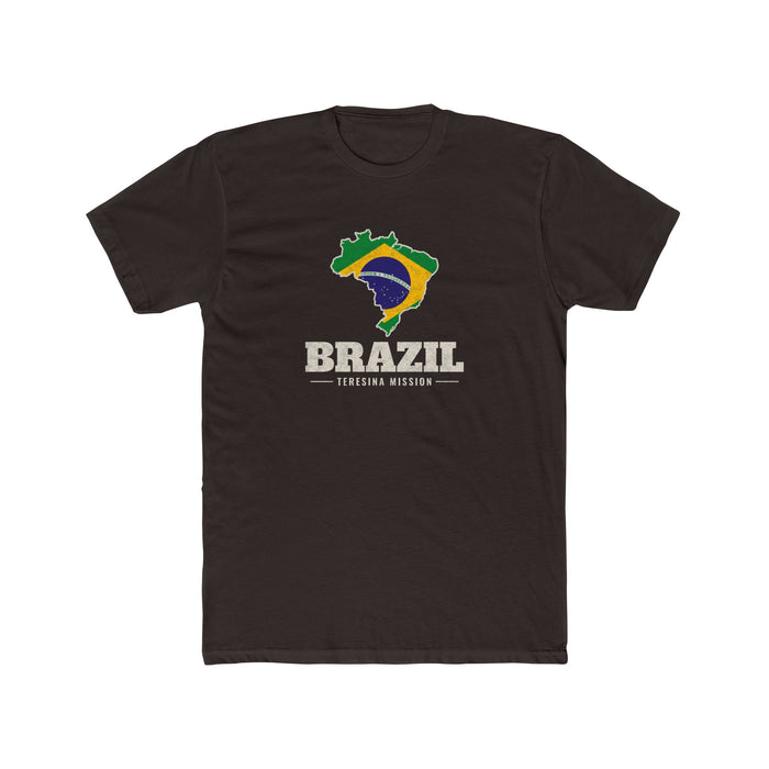 Brazil Teresina Mission Flag Map shirt in Dark Chocolate: flag of Brazil in the outline of Brazil with cream lettering, front view