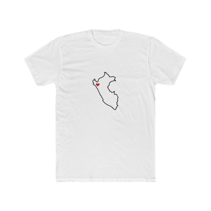 Peru Piura Mission Heart Map shirt in White: Peru outline with a red heart, front view