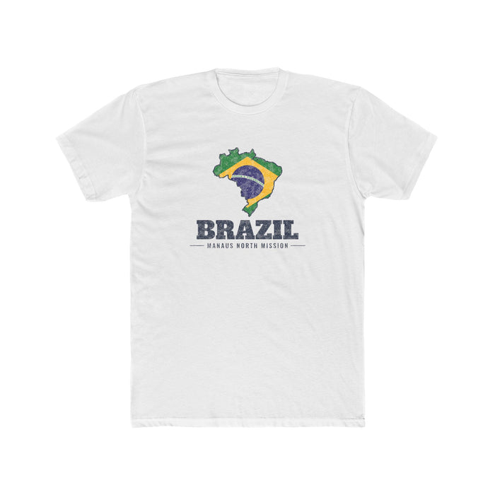 Brazil Manaus North Mission Flag Map shirt in White: flag of Brazil in the outline of Brazil with navy lettering, front view