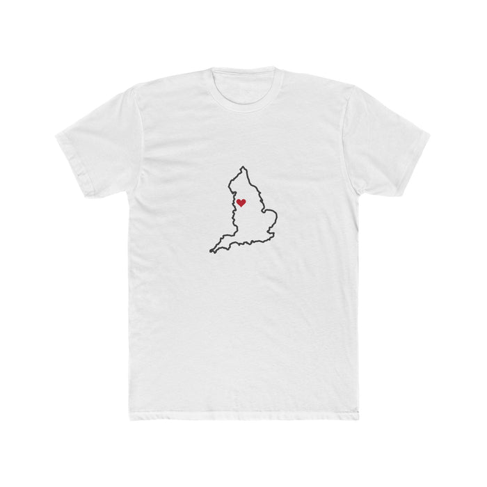England Manchester Mission Heart Map shirt in White: England outline with a red heart, front view