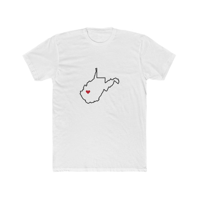 West Virginia Charleston Mission Heart Map shirt in White: West Virginia outline with a red heart, front view