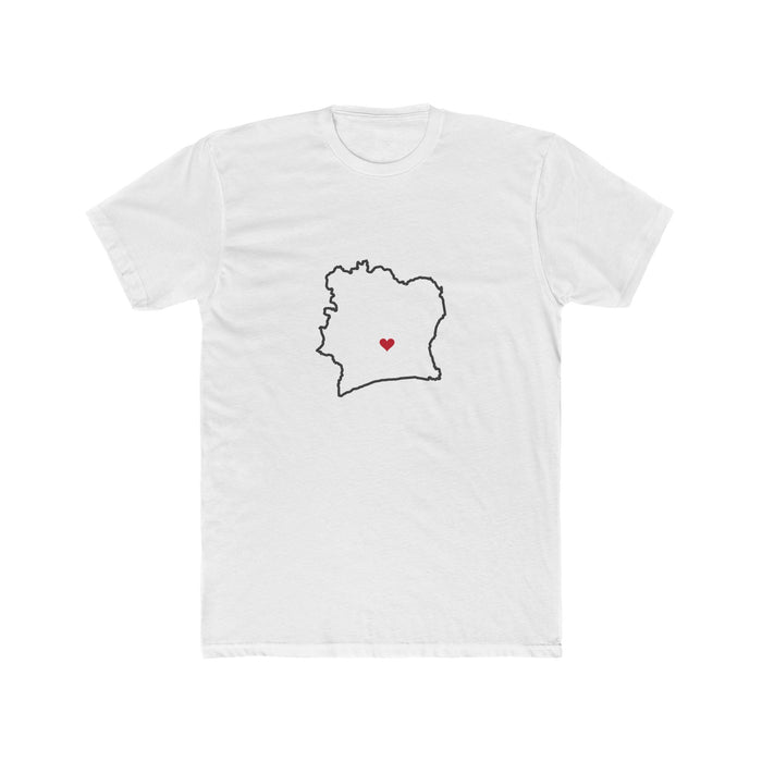 Cote d'Ivoire Yamoussoukro Mission Heart Map shirt in White: Cote d'Ivoire outline with a red heart, front view