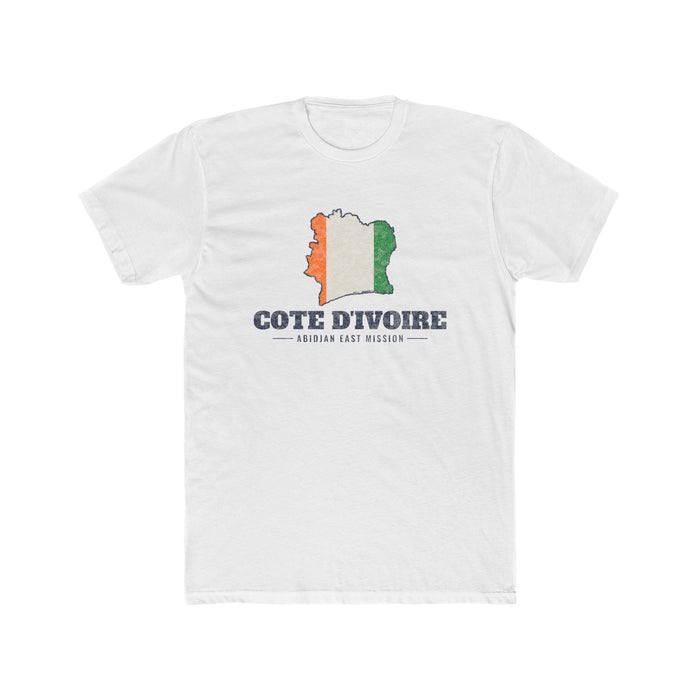 Cote d'Ivoire Abidjan East Mission Flag Map shirt in White: flag of Cote d'Ivoire in the outline of Cote d'Ivoire with navy lettering, front view