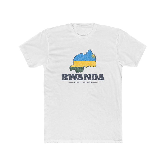 Rwanda Kigali Mission Flag Map shirt in White: flag of Rwanda in the outline of Rwanda with navy lettering, front view
