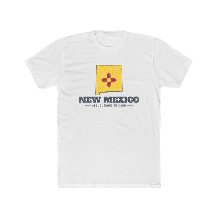 New Mexico Albuquerque Mission Flag Map shirt in White: New Mexico state flag in the outline of New Mexico with navy lettering, front view