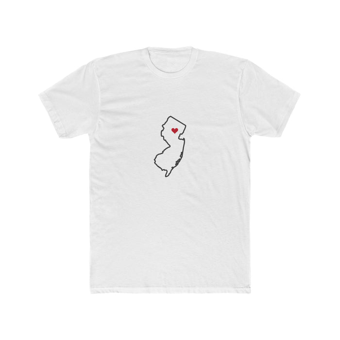 New Jersey Morristown Mission Heart Map shirt in White: New Jersey outline with a red heart, front view