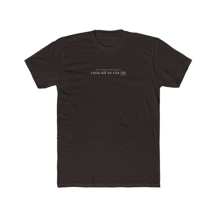 I Glory in My Jesus minimal shirt in Vietnamese, white ink on Dark Chocolate: “Tôi hãnh diện trong Chúa Giê Su của tôi”, 2 Nê Phi 33:6