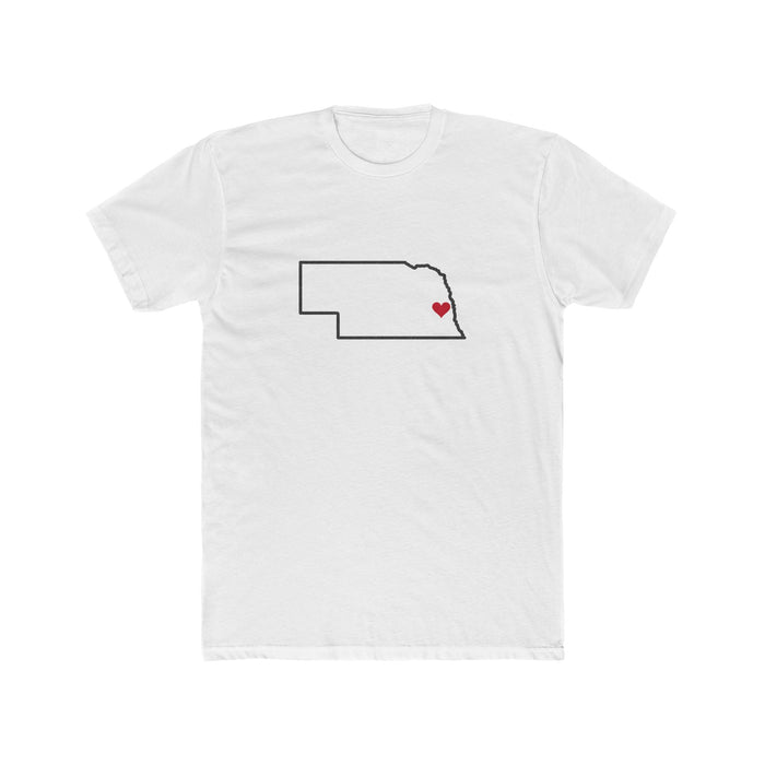 Nebraska Omaha Mission Heart Map shirt in White: Nebraska outline with a red heart, front view