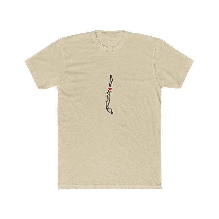 Chile Santiago East Mission Heart Map shirt in Cream: Chile outline with a red heart, front view