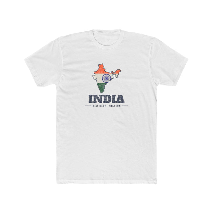 India New Delhi Mission Flag Map shirt in White: flag of India in the outline of India with navy lettering, front view