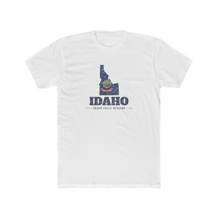 Idaho Idaho Falls Mission Flag Map shirt in White: Idaho state flag in the outline of Idaho with navy lettering, front view