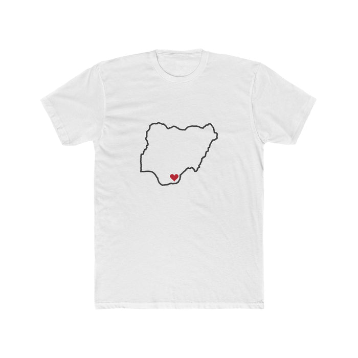 Nigeria Calabar Mission Heart Map shirt in White: Nigeria outline with a red heart, front view