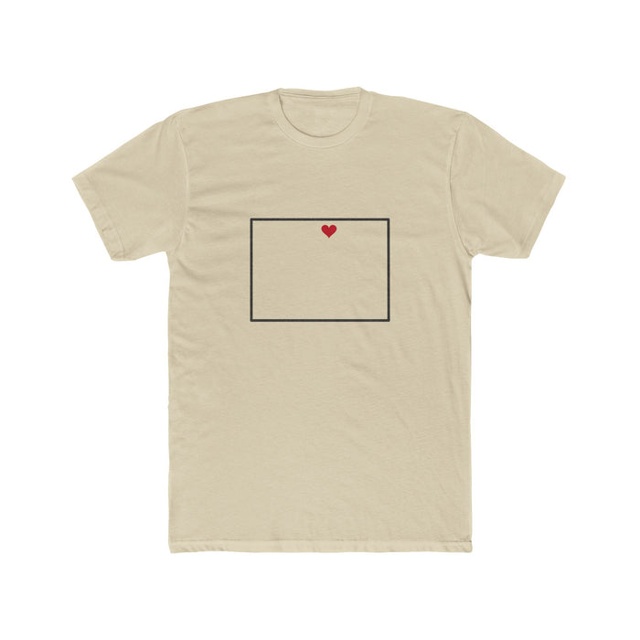 Colorado Fort Collins Mission Heart Map shirt in Cream: Colorado outline with a red heart, front view