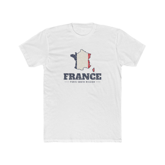 France Paris South Mission Flag Map shirt in White: flag of France in the outline of France with navy lettering, front view