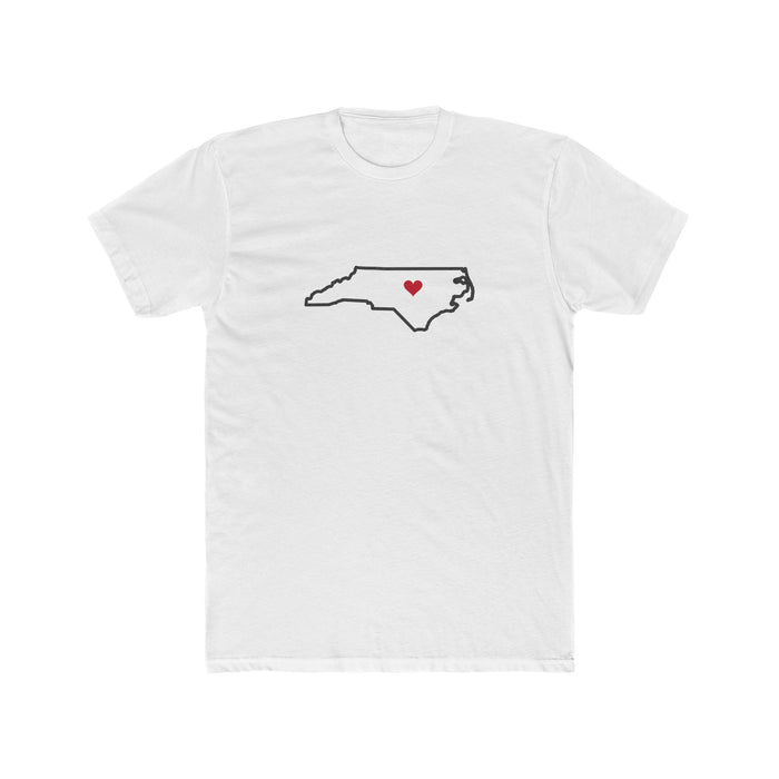 North Carolina Raleigh Mission Heart Map shirt in White: North Carolina outline with a red heart, front view