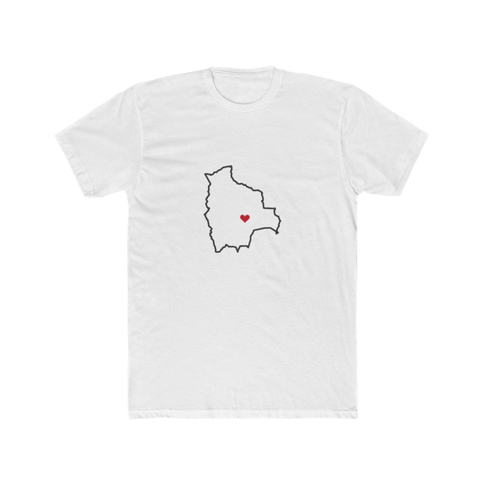 Bolivia Santa Cruz Mission Heart Map shirt in White: Bolivia outline with a red heart, front view