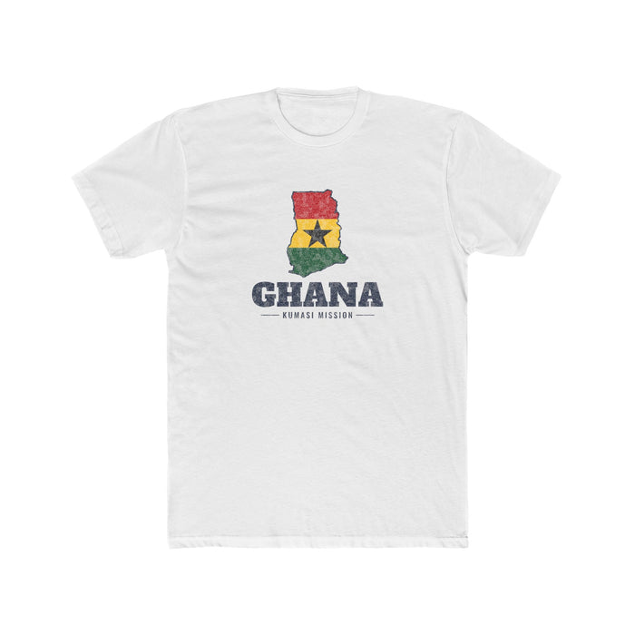 Ghana Kumasi Mission Flag Map shirt in White: flag of Ghana in the outline of Ghana with navy lettering, front view