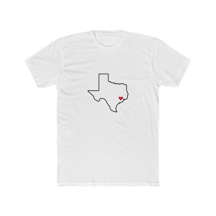 Texas Houston West Mission Heart Map shirt in White: Texas outline with a red heart, front view