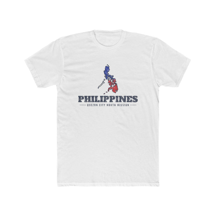 Philippines Quezon City North Mission Flag Map shirt in White: colors of the Philippine flag in the outline of the Philippines with navy lettering, front view
