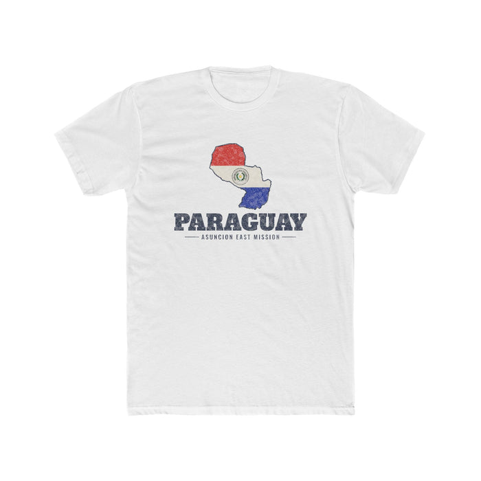 Paraguay Asuncion East Mission Flag Map shirt in White: flag of Paraguay in the outline of Paraguay with navy lettering, front view