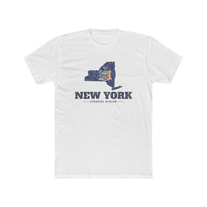 New York Syracuse Mission Flag Map shirt in White: New York state flag in the outline of New York with navy lettering, front view