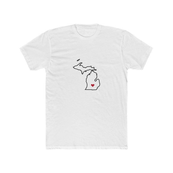 Michigan Lansing Mission Heart Map shirt in White: Michigan outline with a red heart, front view