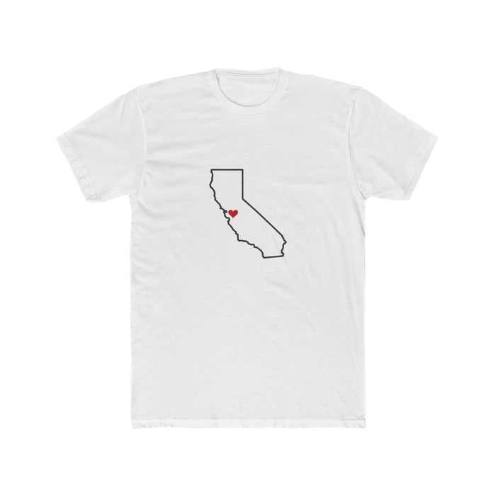 California San Jose Mission Heart Map shirt in White: California outline with a red heart, front view