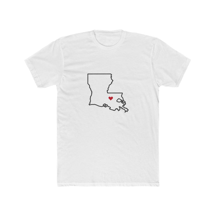Louisiana Baton Rouge Mission Heart Map shirt in White: Louisiana outline with a red heart, front view