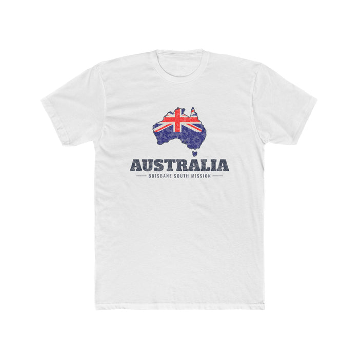Australia Brisbane South Mission Flag Map shirt in White: flag of Australia in the outline of Australia with navy lettering, front view