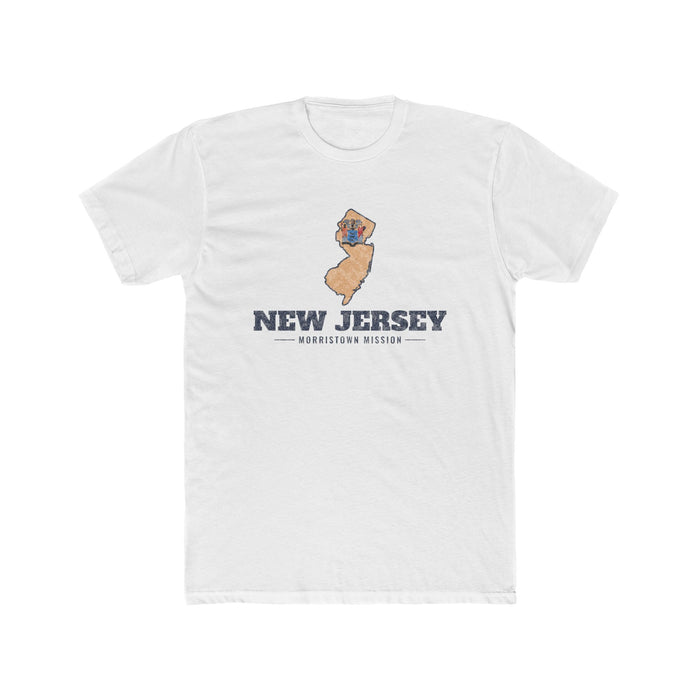 New Jersey Morristown Mission Flag Map shirt in White: New Jersey state flag in the outline of New Jersey with navy lettering, front view